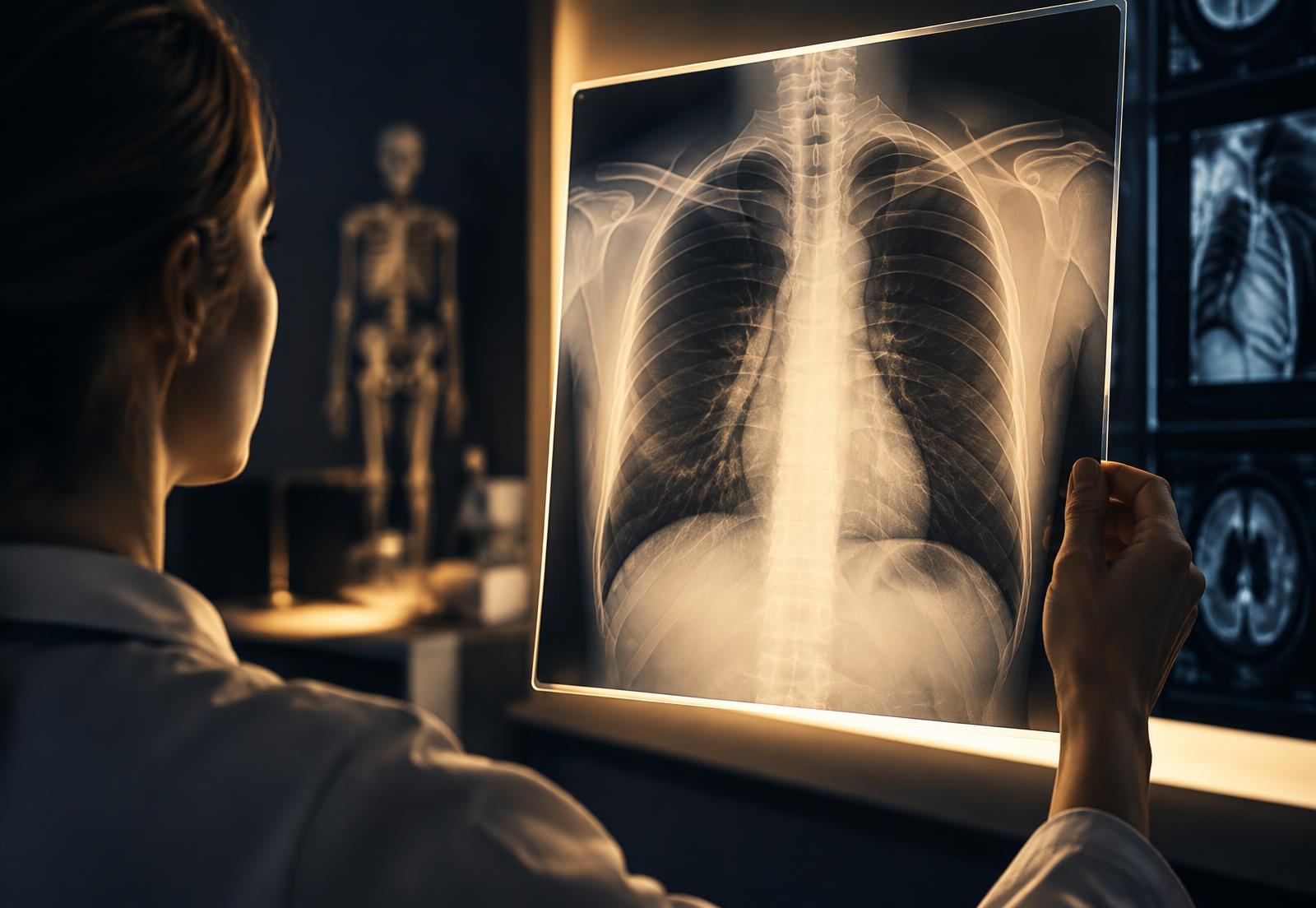 Radiographer reviewing a chest X-ray on a lightbox
